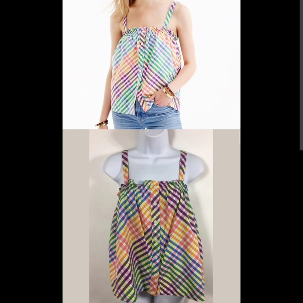 LIKE NEW J. Crew rainbow gingham ruffle top Sz 8